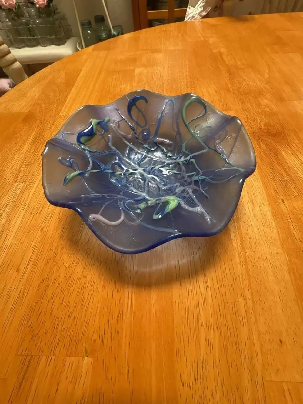 Hand Blown Blue Art Glass Ruffle Edge Bowl with Ribbon Accents